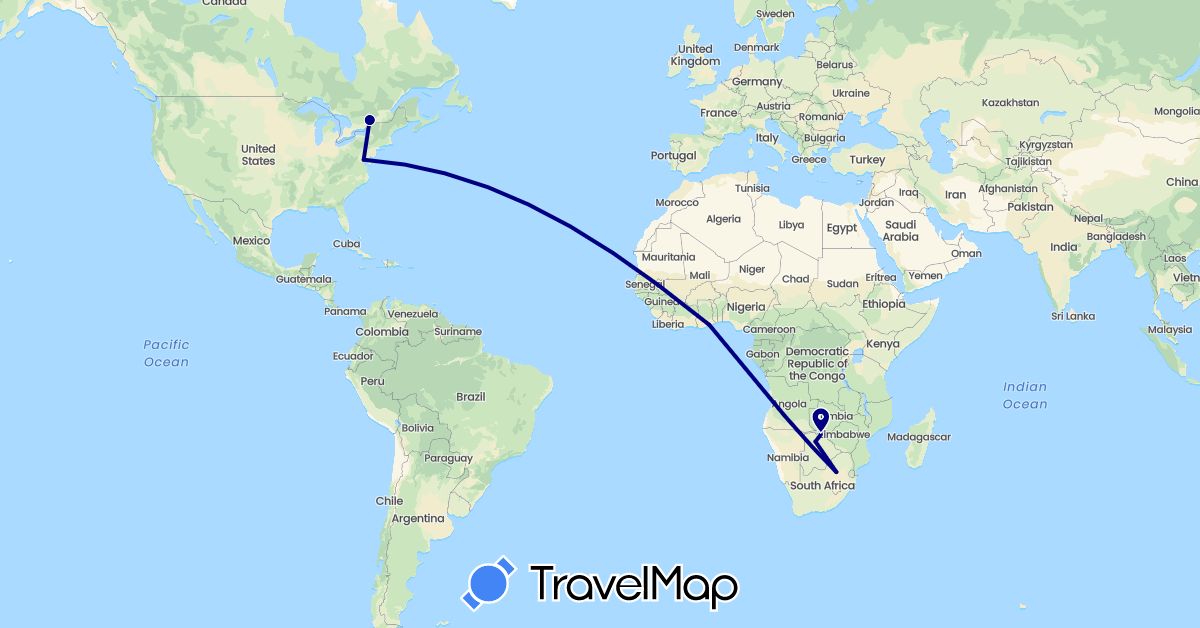 TravelMap itinerary: driving in Botswana, Canada, Ghana, United States, South Africa (Africa, North America)