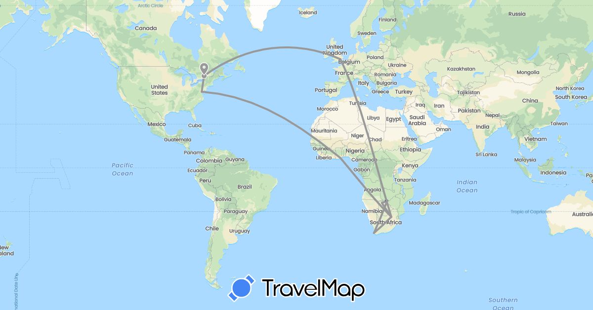 TravelMap itinerary: driving, plane in Botswana, Canada, United Kingdom, Ghana, United States, South Africa, Zimbabwe (Africa, Europe, North America)